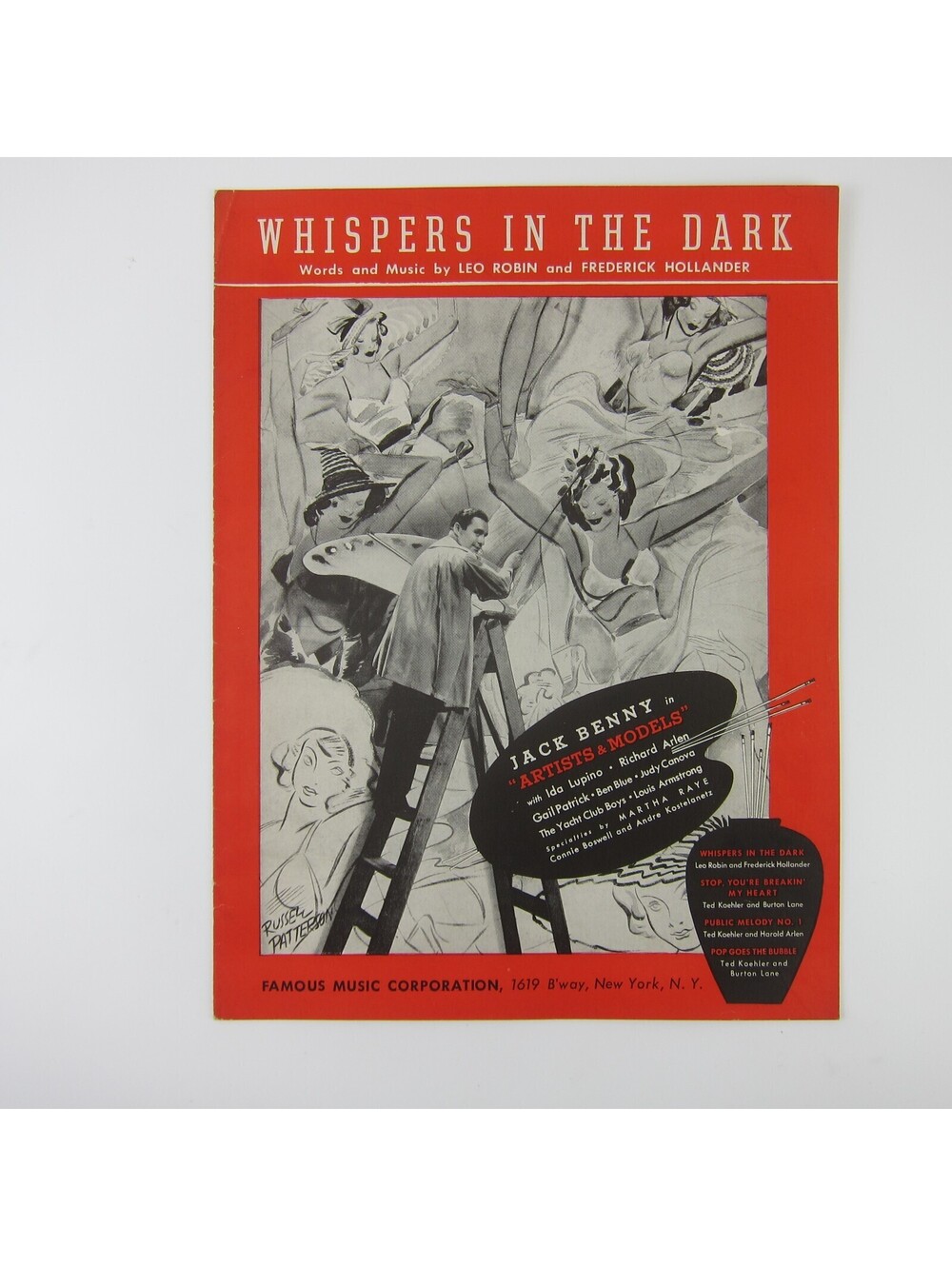 Sheet Music Whispers In The Dark Artists & Models Jack Benny Vintage 1937